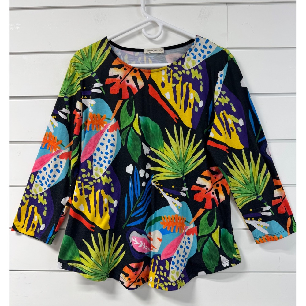 Jess & Jane Womens Harmony Tropical Botanical Print Long Sleeve Top Multi Color